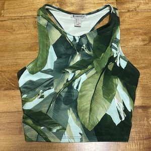 Tropical print crop top tank with built in padding, size small